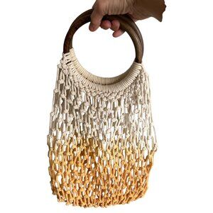 Macramé Handbag Wooden Handle Ombre Beach Bag Boho Chic Retro